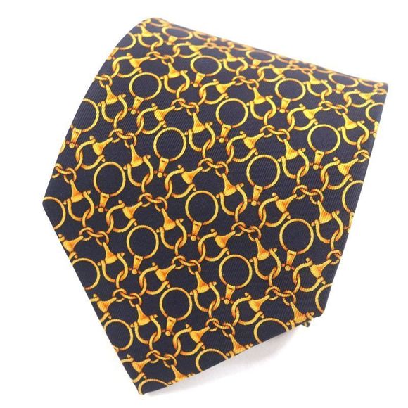 Gucci 100% Silk Cravat Bit Pattern Allover Tie Navy Gold Made In Italymade In - Picture 1 of 9